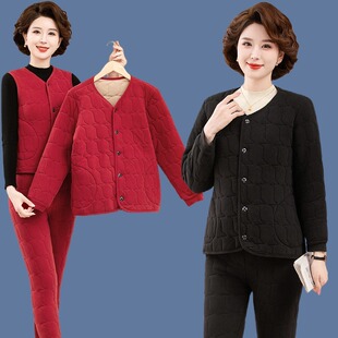 中老年女装棉衣外套冬季妈妈加绒加厚奶奶棉服棉裤保暖套装三件套
