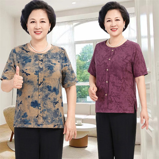 妈妈棉绸短袖T恤女中老年人女装夏季奶奶宽松大码套头小衫上衣服