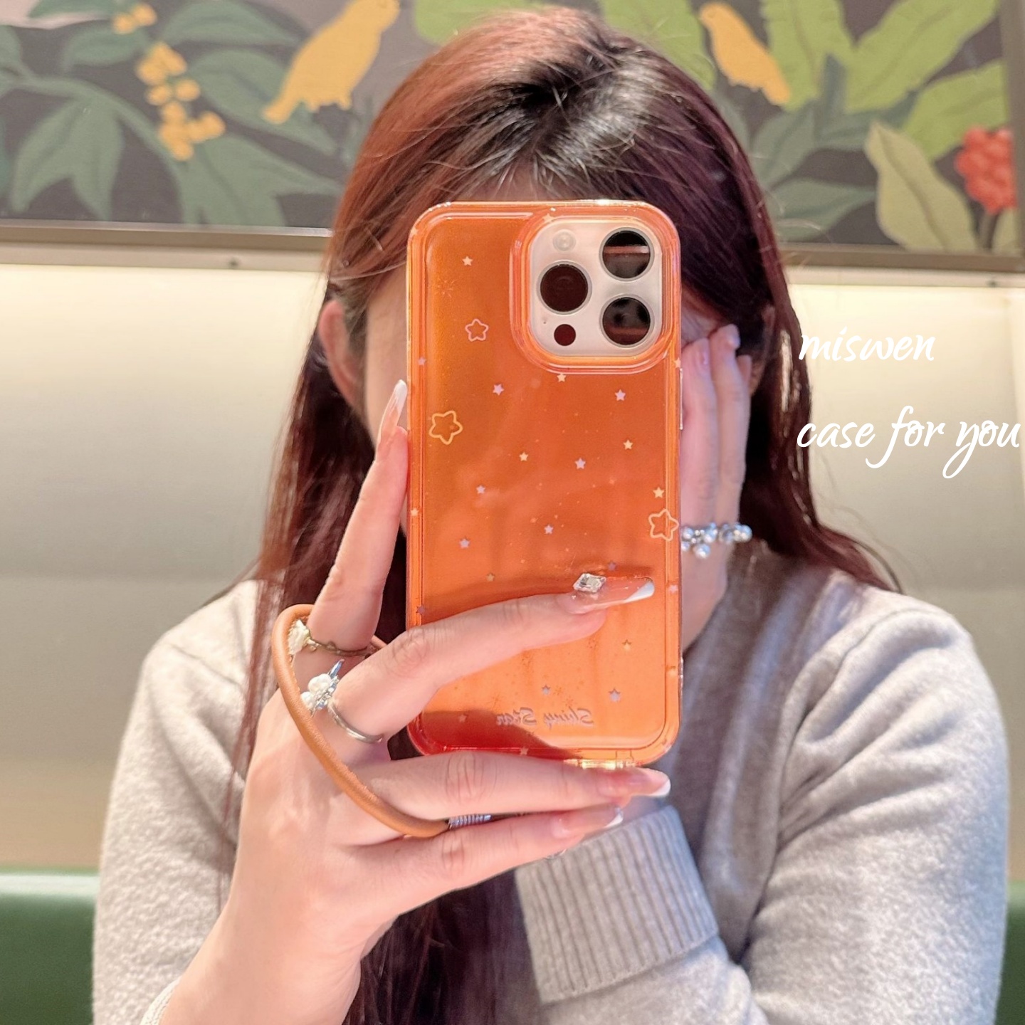 简约ins橙底流星纹星星英文适用iphone17promax新款手机壳简约16promax高级15pro韩系14pro女款13ins风保护套