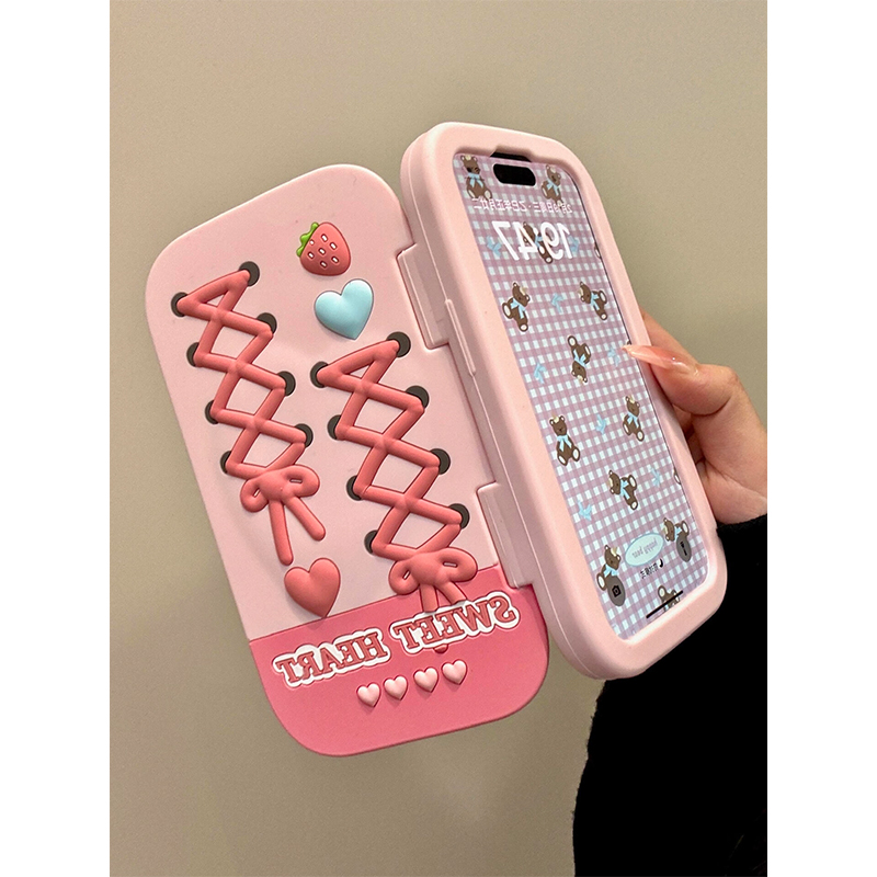 韩系翻盖爱心蝴蝶草莓镜适用苹果16promax手机壳iPhone17新款15保护套13个性女款14全包防摔17pro硅胶粉色ins