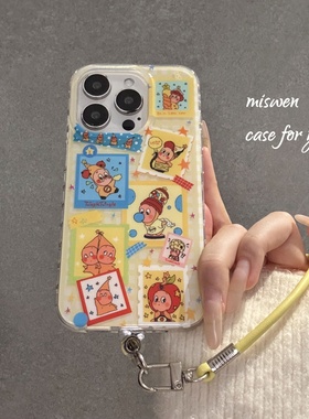 日韩黄色格纹星星人插画适用苹果16pro手机壳iphone15女款16promax卡通可爱15pro网红14pm女13超火14全包双层