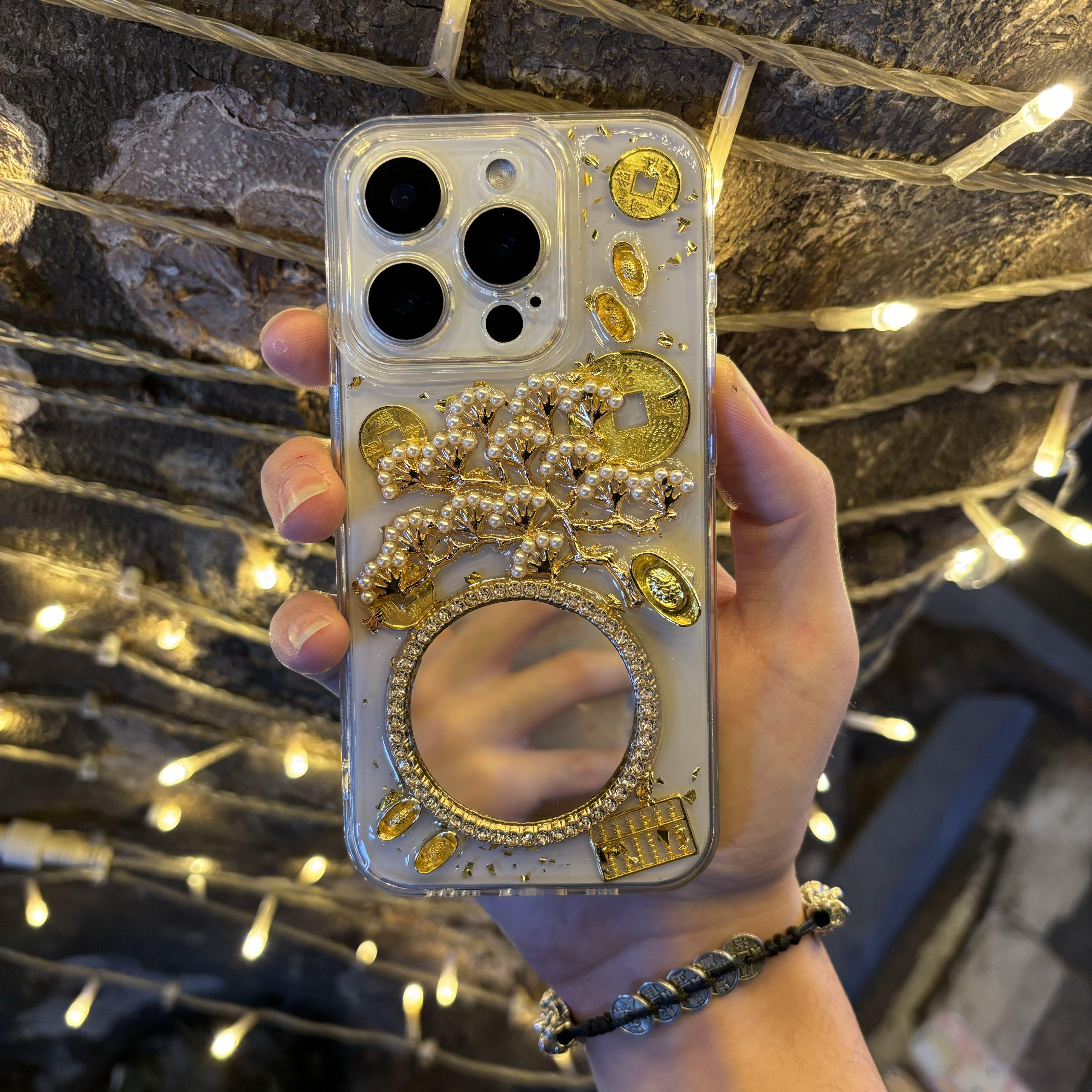 新年发财树圆镜子适用苹果15高级16promax手机壳iPhone17金箔暴富13软壳12创意11防摔保护套14男女款16promax