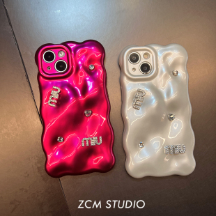 多巴胺红宝石闪钻英文适用苹果15日韩iphone17手机壳16promax少女12防摔14全包13pro保护套冷淡风高级设计感