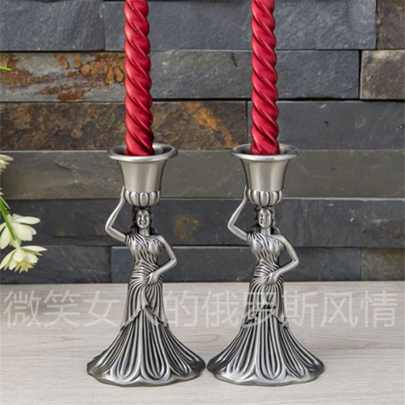 特价俄罗斯R-2锡金属桌面烛蜡台单头美女天使一1对古锡色欧式厚重