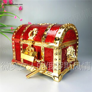 特价R2锡金属装饰珠宝首饰盒拱形双层大号金红色海盗百宝箱锁收纳