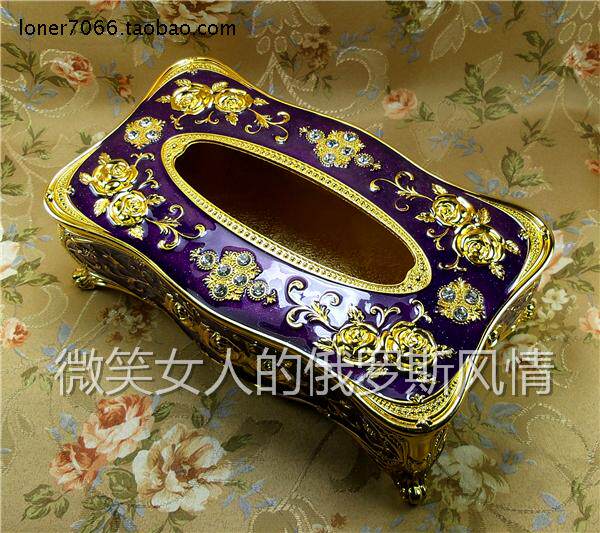 特价俄罗斯20锡金属抽纸巾盒长方形大号金边紫色金玫瑰花镶钻厚重
