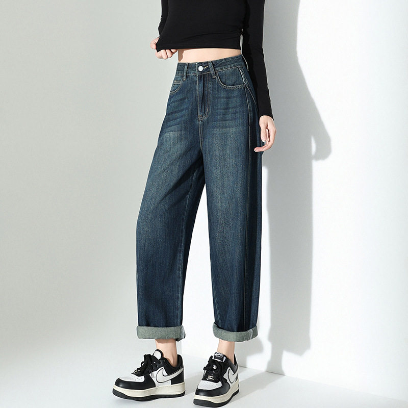 春夏高腰显瘦宽松小个子胖MM弯刀牛仔裤女阔腿老爹裤【YKK