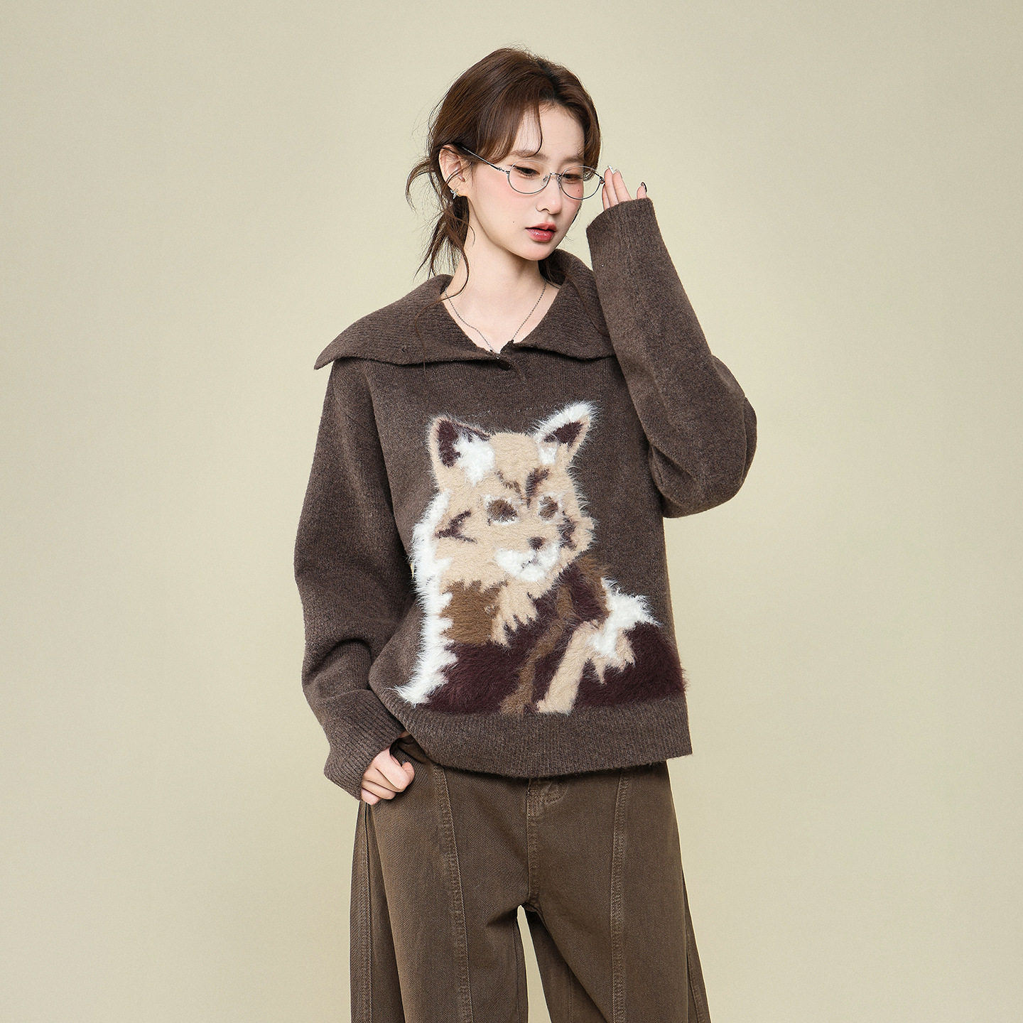 棕色小狗毛绒翻领长袖针织毛衣外套秋冬季打底内搭加厚保暖上衣女