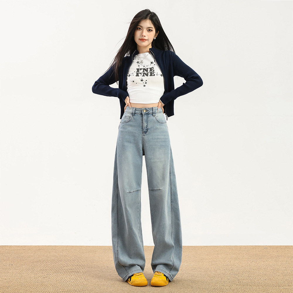 浅蓝色香蕉牛仔裤女春秋季2025新款高个子加长镰刀弯刀窄版阔腿裤