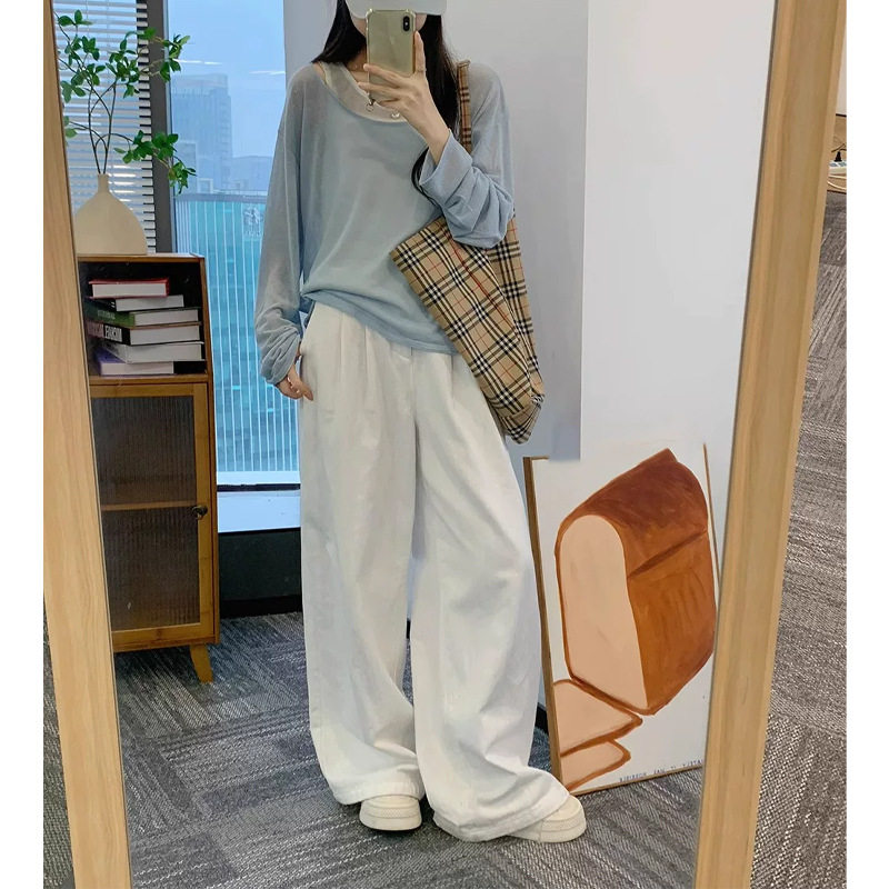 蓝色两件套冰丝针织衫防晒罩衫女夏季薄款外搭长袖t恤多巴胺上衣