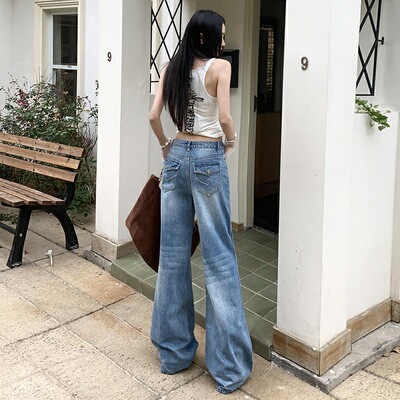 im向 西雅图漫步 复古蓝调刺绣阔腿裤女微喇宽松牛仔裤
