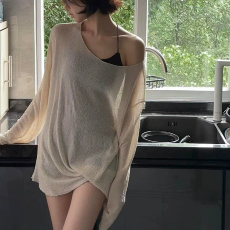 杏色大领口斜肩中长款防晒罩衫女夏季薄款长袖T恤宽松针织衫上衣