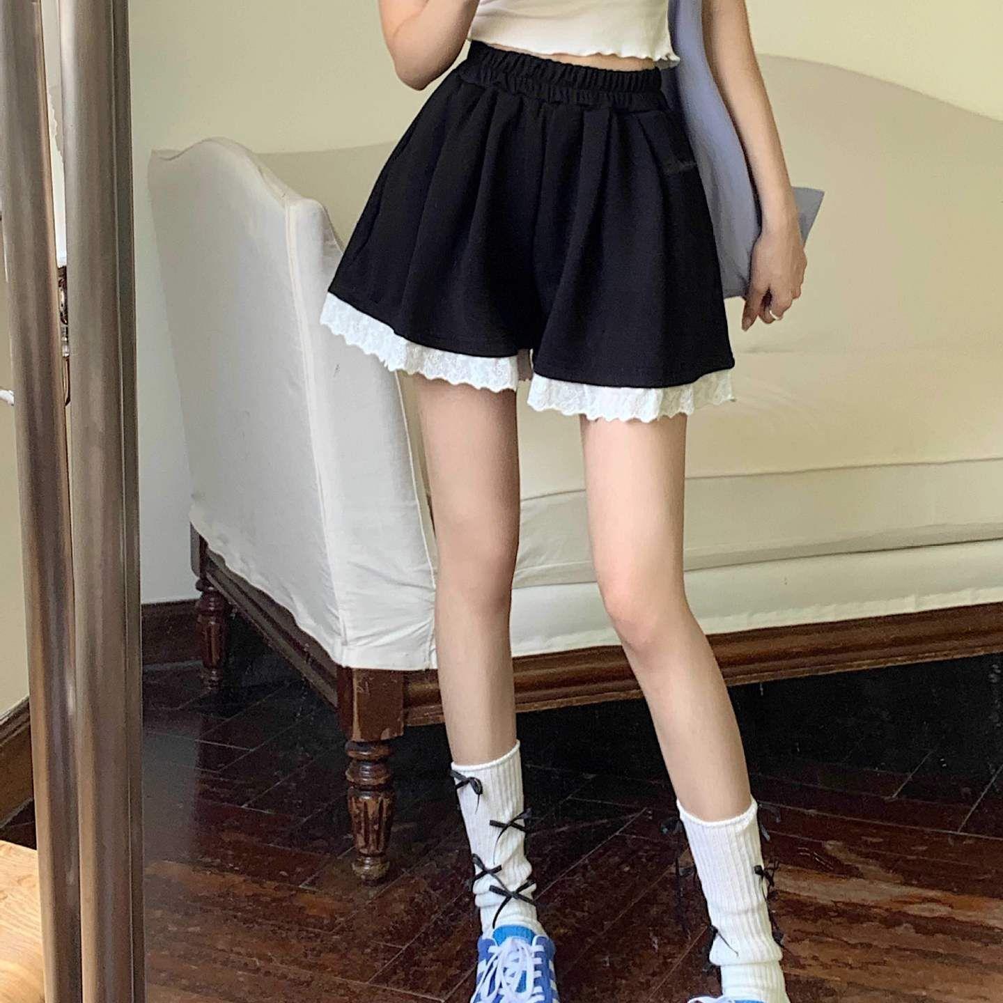 灰色运动短裤女夏季高腰a字休闲卫裤蕾丝花边阔腿宽松三分热裤子