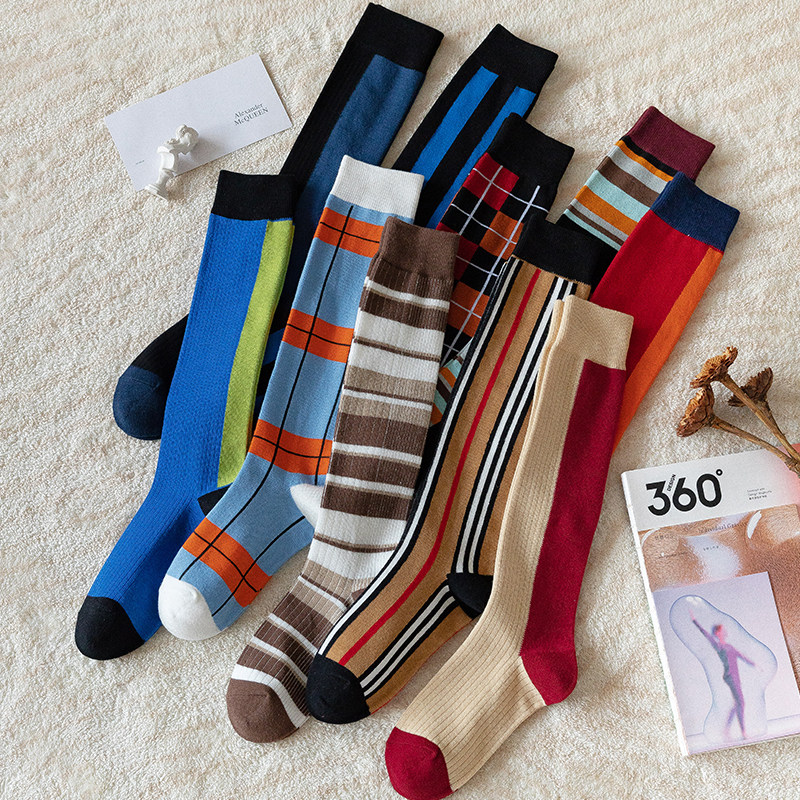 袜子长袜小腿袜网红街拍时尚百搭学院风条纹格子少女学生及膝高筒