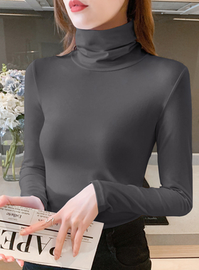 高领打底衫秋冬紧身T恤纯色深烟灰色t恤女纯棉内搭外穿推推领上衣