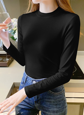 小半高领打底衫女紧身纯黑色长袖秋冬装百搭纯棉薄款短款上衣服