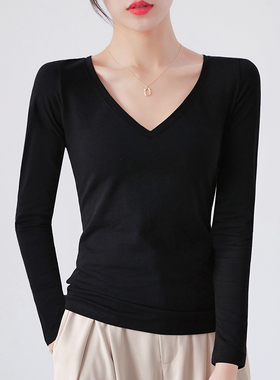 黑色v领上衣女打底衫长袖T恤显瘦薄款洋气鸡心领春秋百搭内搭纯棉