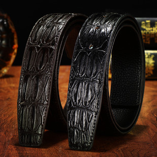 鳄鱼纹不带头男士真皮牛皮带条 平滑扣有孔眼裤带不要扣腰带身3.7