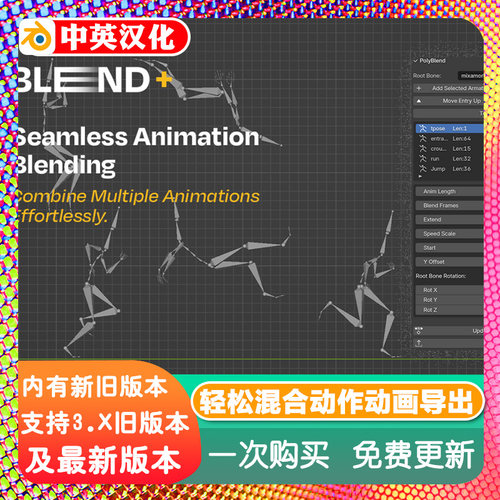 Blender插件 Polyblend 1.1动作混合动画烘焙导出FBX 自动关键帧