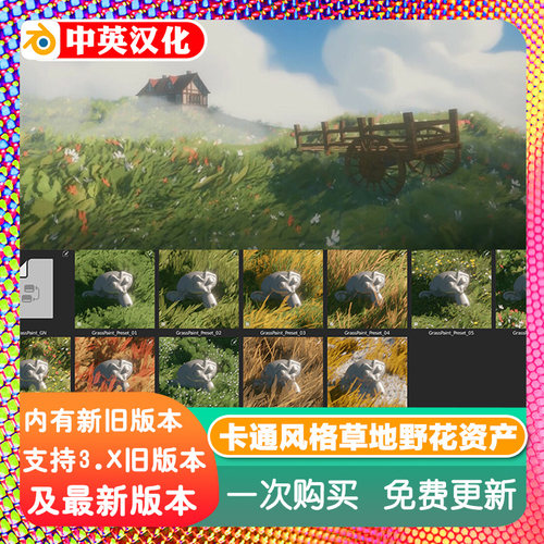 blender插件 Grass Paint 2.0 风格化动画草地野花卡通程序资产库