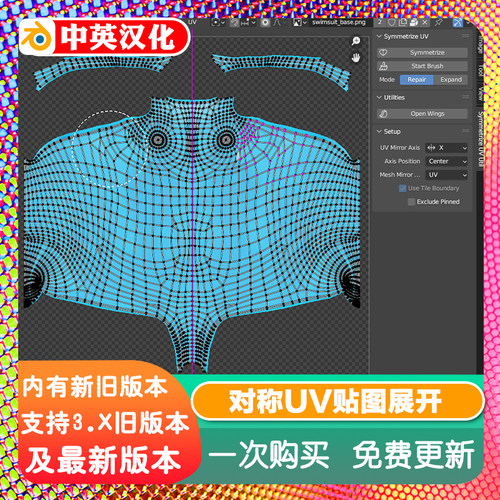 Blender插件 Symmetrize UV Util 1.6.1 对称UV贴图UDIM展开