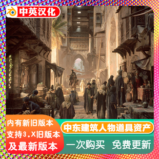 Blender资产库中东中世纪大集市场建筑人群骆驼模型棕榈水果花盆