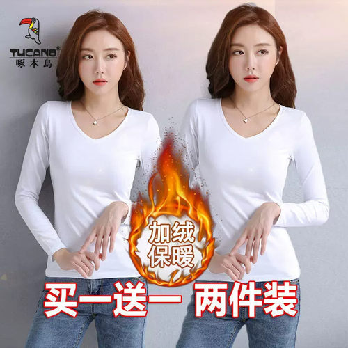 啄木鸟秋冬装新款保暖内衣女长袖打底衫加绒加厚百搭韩版修身上衣