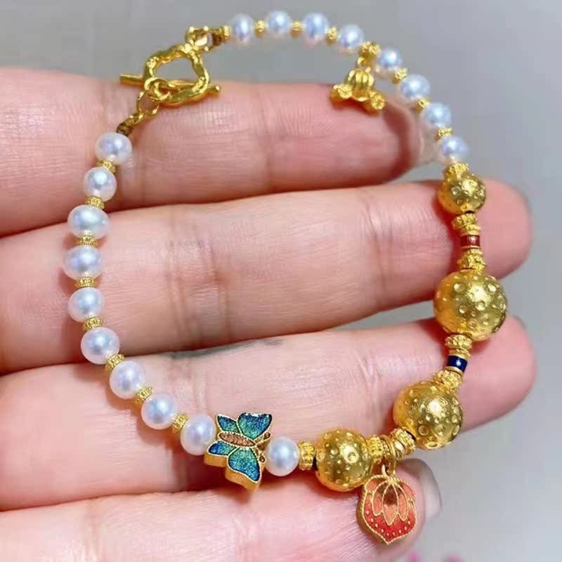 手工黄金足金999 星空手串 凿纹珠 吉言金珍珠手串