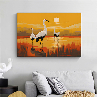 轻奢丹顶鹤油画肌理感客厅沙发背景墙装饰画仙鹤书房茶室挂画横版