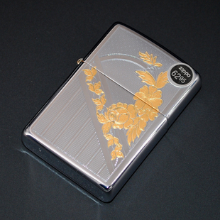 收藏 原装 绝版 Zippo打火机 2002年镀铬鎏金富贵花 正品