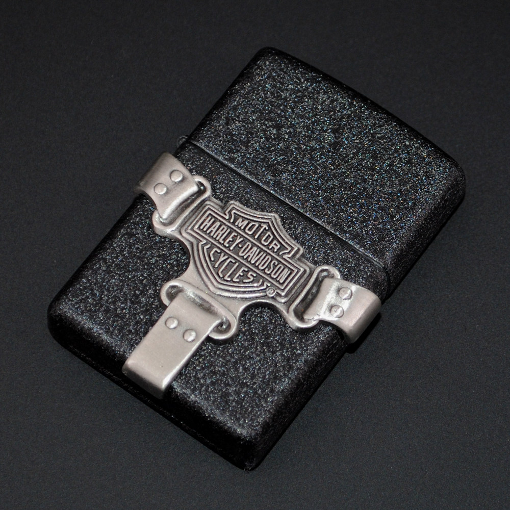 原装正品Zippo打火机-绝版收藏-1999年黑裂漆哈雷银色靴带