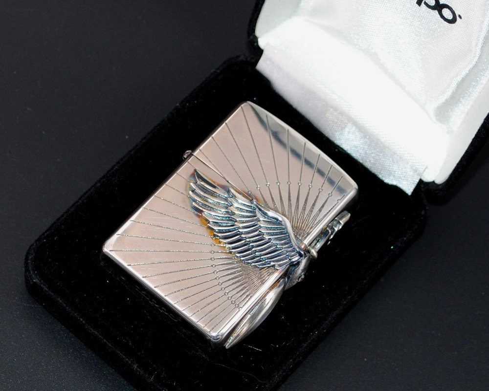 原装正品zippo打火机-绝版收藏-2007年镀银天使之翼三面贴章机