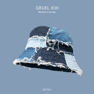 日系小众牛仔拼接水桶帽子女乞丐风街拍潮人渔夫帽显脸小百搭盆帽