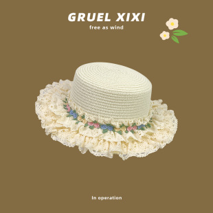 洛丽塔甜美花边草帽女夏季 出游海边遮阳防晒帽蕾丝平顶帽甜美礼帽