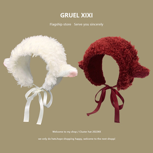 红色日系软萌可爱羊羔绒帽子女秋冬季保暖小羊耳朵绑带亲子护耳帽