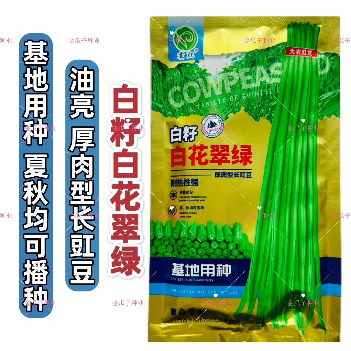 袁豇白籽白花翠绿豆角种子厚肉型长豇豆种子耐热春夏秋长豆角种籽