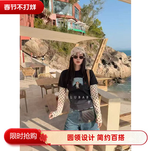 欧洲站2025春季 拼接假两件少女感卡通印花T恤 欧货圆领波点网纱袖