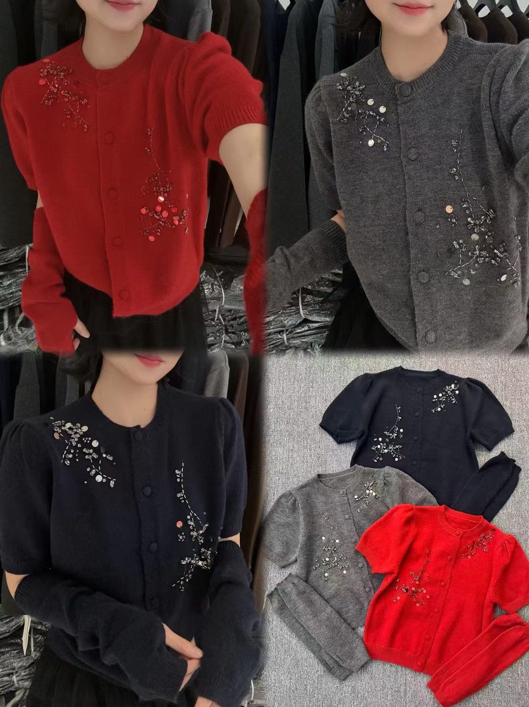 钉珠花朵套袖毛衣泡泡袖针织衫