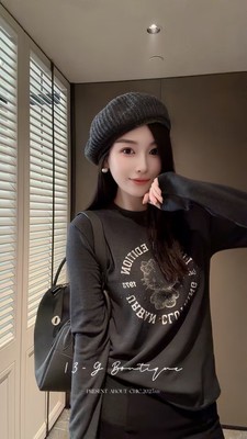 烫钻Katie猫工艺抓毛T恤显瘦上衣