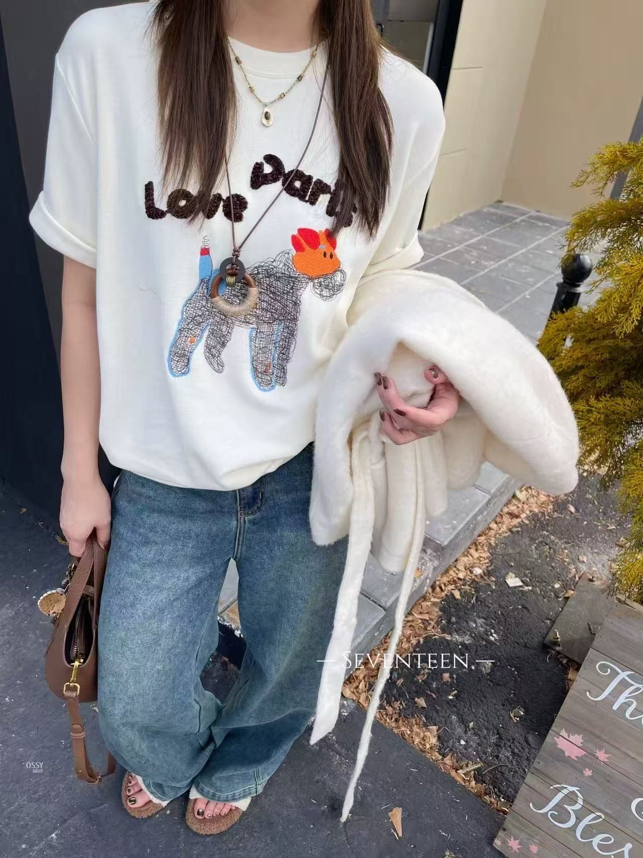 刺绣卡通磨毛T恤百搭减龄上衣女