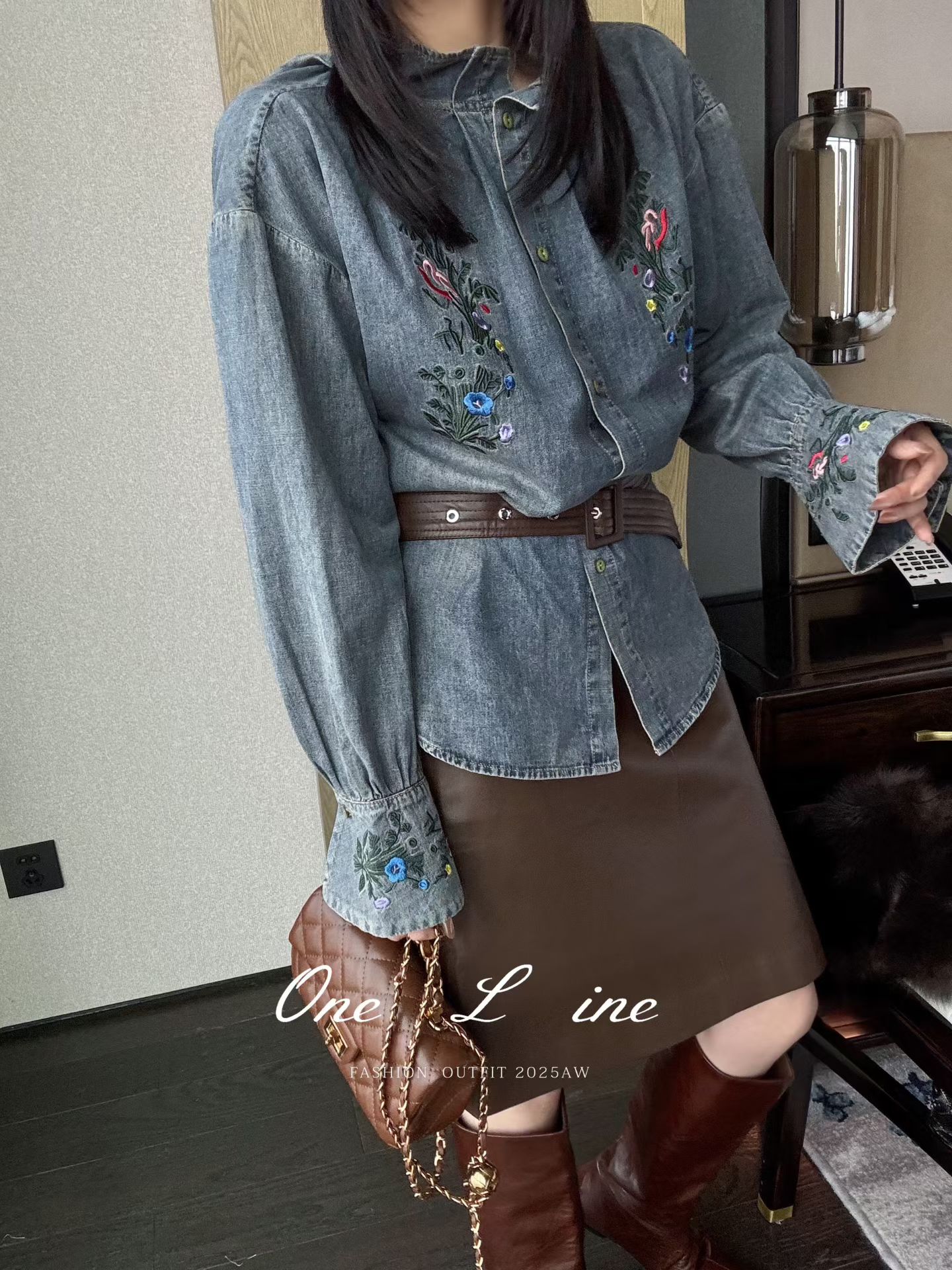 复古刺绣牛仔叠穿衬衫设计感上衣