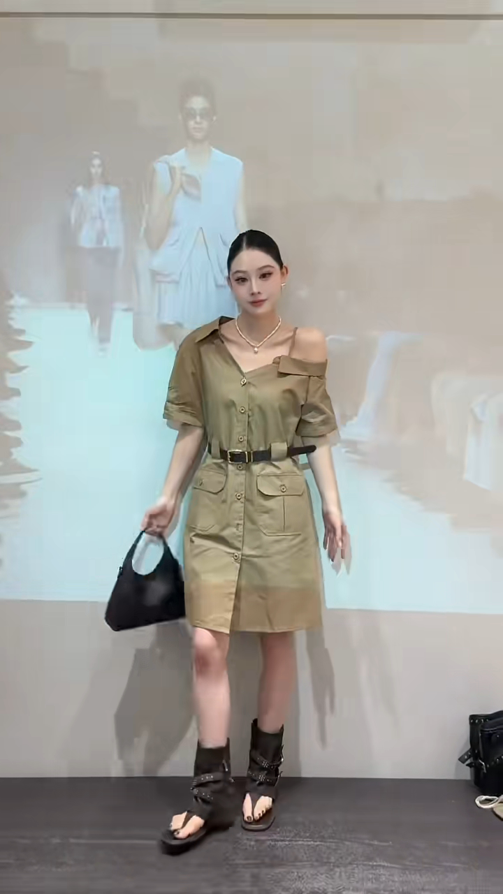 斜肩露肩衬衫连衣裙系腰带工装裙