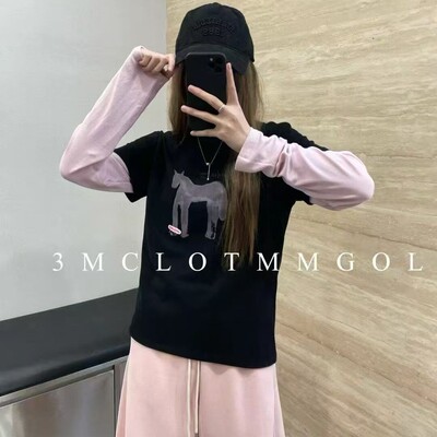 粉色小马图案假两件长袖T恤女