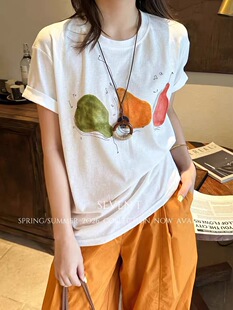 欧洲站2026夏季新款时尚百搭小清新梨子印花宽松T恤女显瘦上衣潮