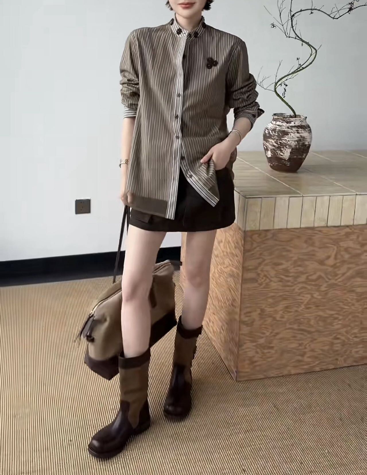 立领长袖格子衬衫女宽松显瘦上衣