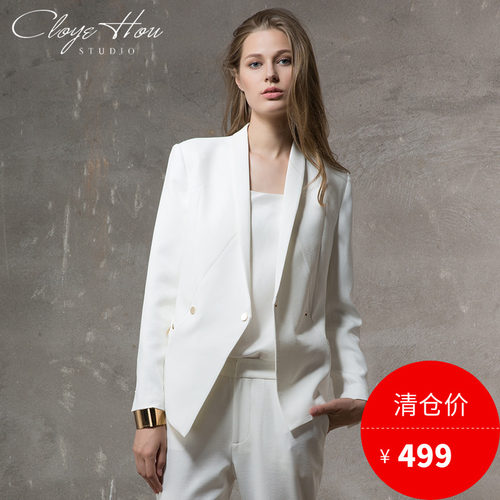 清仓春夏乱麻西装修身白色外套