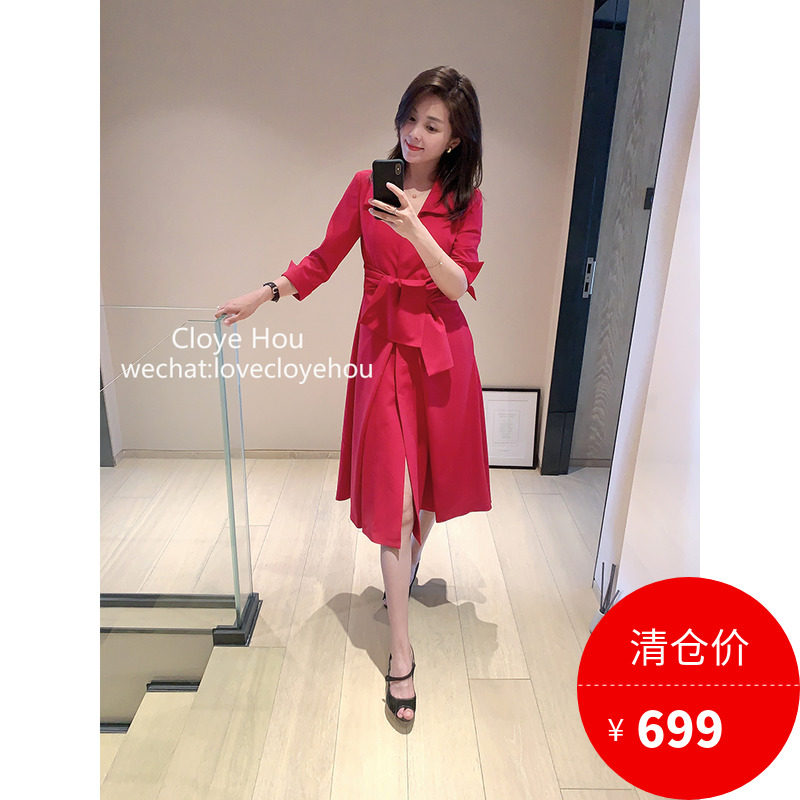 清仓不退 Cloyehou女装七分袖玫红色连衣裙蝴蝶结气质收腰A字裙子