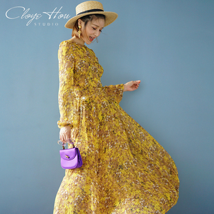 Cloyehou2022夏新款 连衣裙超仙印花长裙 大牌巨制100%重磅真丝长袖