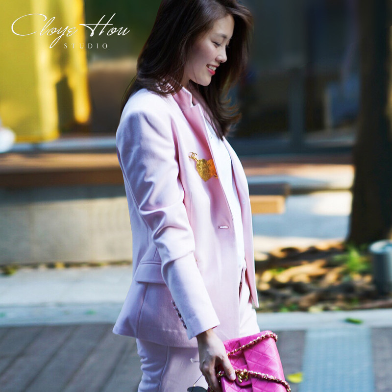 Cloyehou设计师女装秋小西装外套短款韩版chic气质休闲西服樱花粉