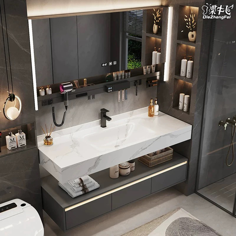 酒店款洗漱台岩板热弯一体盆洗脸定制智能镜全铝蜂窝铝浴室柜组合